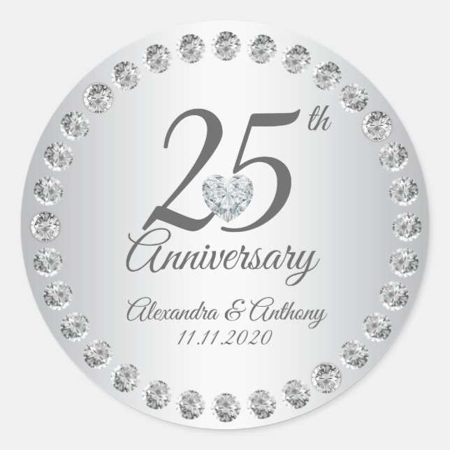 Custom 25th Wedding Anniversary Diamonds Silver Classic Round Sticker (Front)