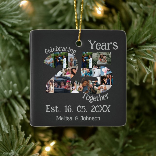 Custom 25th wedding anniversary photo collage ceramic ornament (Tree)