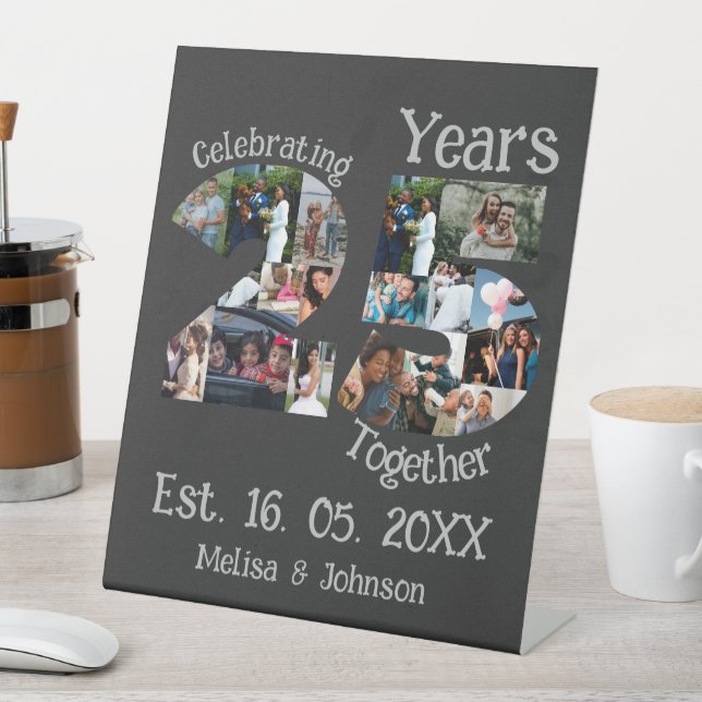Custom 25th wedding anniversary photo collage pedestal sign (In SItu)