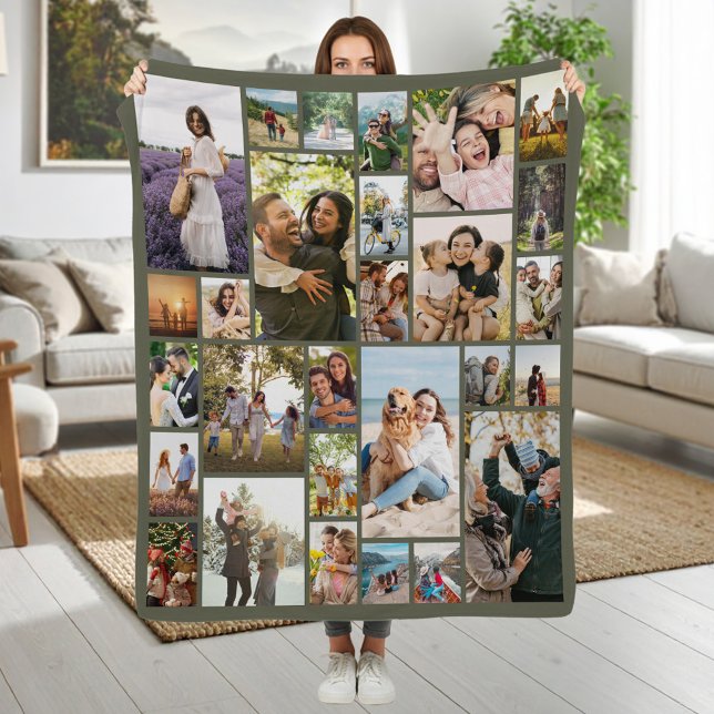 Custom 28 Photo Collage Olive Green Fleece Blanket (Creator Uploaded)