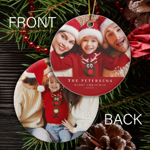 Custom 2 family photos double sided red Christmas Ceramic Tree Decoration