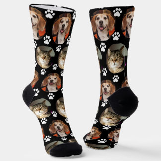  Custom 2 Pet Photo Black Paw Prints Socks