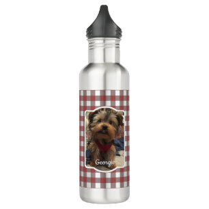 Custom 2 Pet Photo Country Red Buffalo Check Plaid 710 Ml Water Bottle