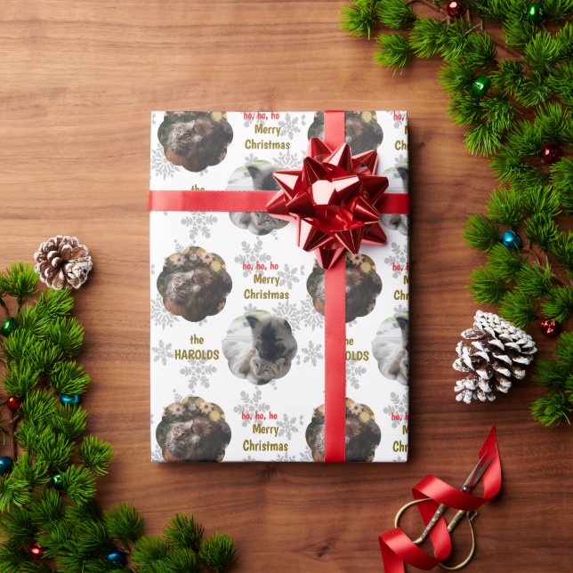  Custom 2 Pet Photo Festive Christmas Snow Flakes Wrapping Paper (Holiday Gift)