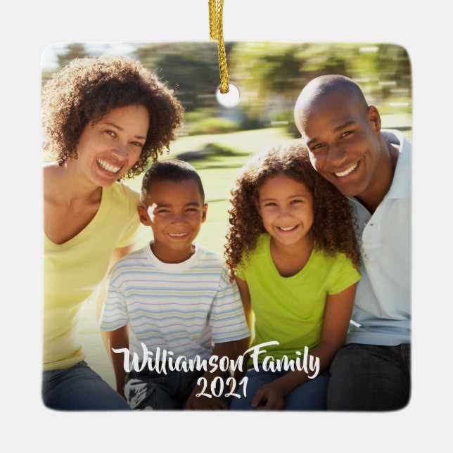 Custom 2 Photo 2 Sided Family Photo Script Ceramic Ornament (Front)