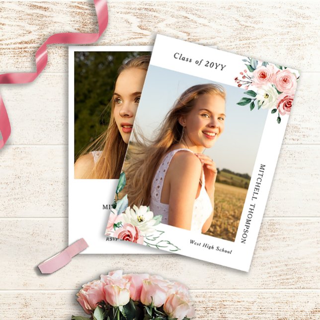 Custom 2 Photo Blush Floral Graduation Invitation (Creator Uploaded)