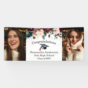 Custom 2 Photo Burgundy Floral Graduation Banner