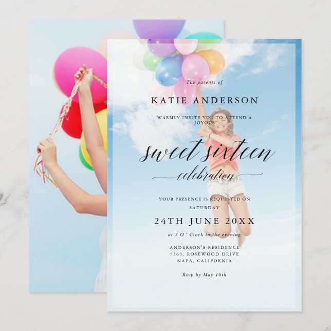 Custom 2 Photo Calligraphy Sweet Sixteen Birthday Invitation (Front/Back)