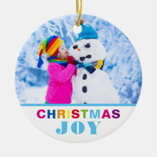 Custom 2 Photo Christmas Joy Modern Colorful Ceramic Tree Decoration