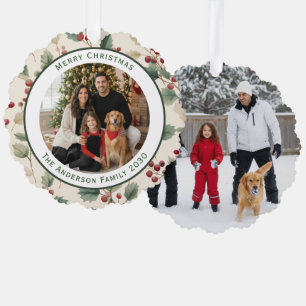 Custom 2 Photo Christmas Ornament Holly Berry