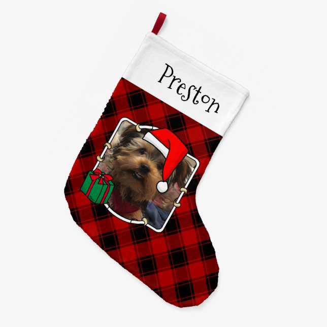 Custom 2 Photo Christmas Red & Black Plaid Pet Large Christmas Stocking (Front (Hanging))