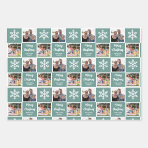 Custom 2 Photo Christmas Snowflakes Teal  Wrapping Paper Sheet