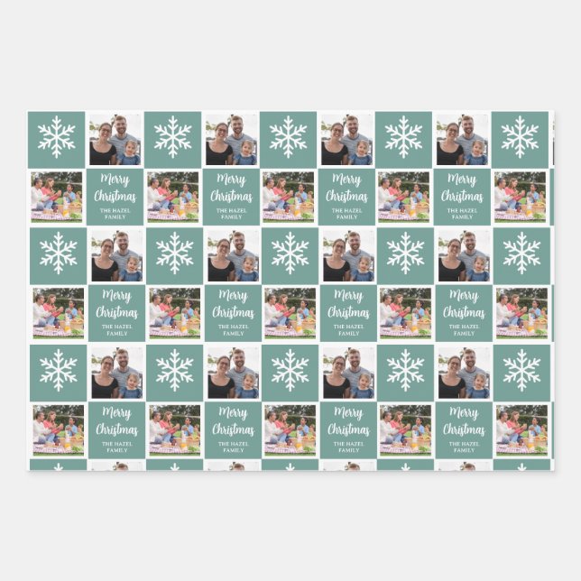 Custom 2 Photo Christmas Snowflakes Teal  Wrapping Paper Sheet (Front)