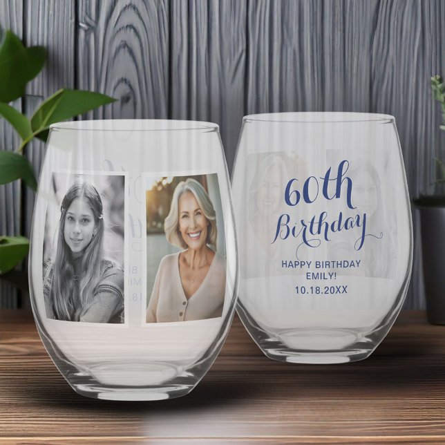 Custom 2 Photo Collage 60th Birthday  Stemless Wine Glass (Creator Uploaded)