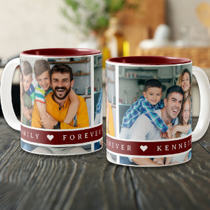 Custom 2 Photo Collage Family Name Quote Maroon Two-Tone Coffee Mug