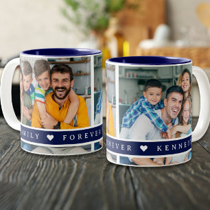 Custom 2 Photo Collage Family Name Quote Navy Blue Two-Tone Coffee Mug