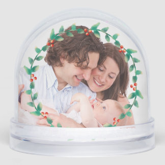 Custom 2 Photo Elegant Holly Wreath Snowglobe