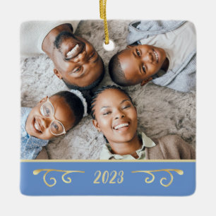 Custom 2 Photo Family Photo Medium Blue Gold Ceramic Ornament