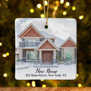 Custom 2 Photo First Christmas New Home Address Ce Ceramic Ornament