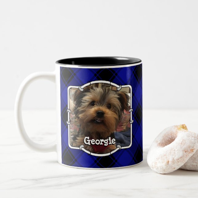 Custom 2 Photo Frame Classic Blue & Black Plaid Two-Tone Coffee Mug (With Donut)