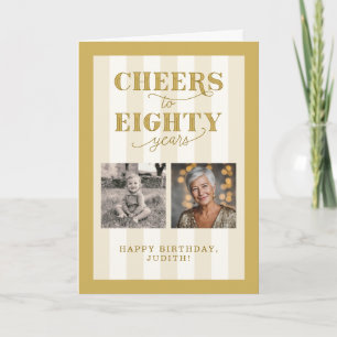 Custom 2 Photo Gold Happy 80th Birthday Card