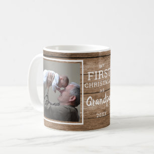 Custom 2 Photo Grandpa First Christmas Rustic Wood Coffee Mug
