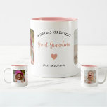 Custom 2 Photo Great Grandma Modern Keepsake Two-Tone Coffee Mug<br><div class="desc">This 2-photo collage pink modern mug features the heartfelt message, "World's greatest Great Grandma." and a beautiful heart. An ideal gift for your great grandmother, the 2-photo template can be personalised with two pictures of favourite great grandchildren, transforming it into a cherished keepsake to be treasured for years to come....</div>