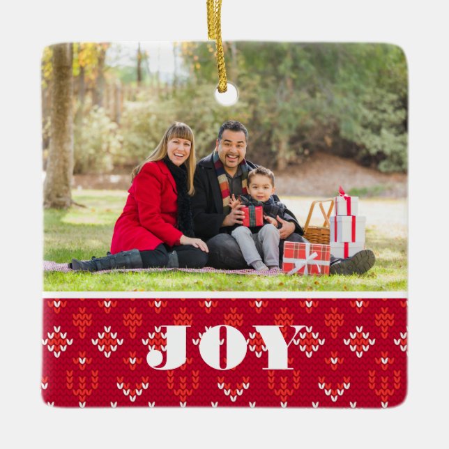 Custom 2 Photo Joy Nordic Sweater Christmas Ceramic Ornament (Front)
