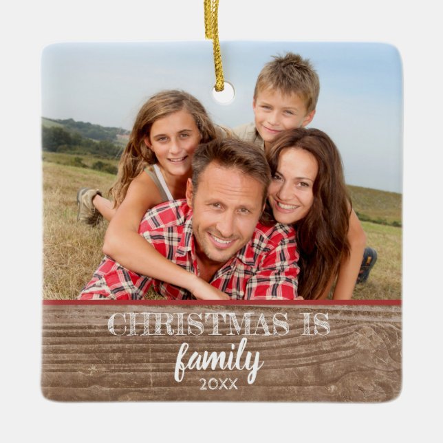 Custom 2-Photo Modern Rustic Family Christmas Ceramic Ornament (Front)
