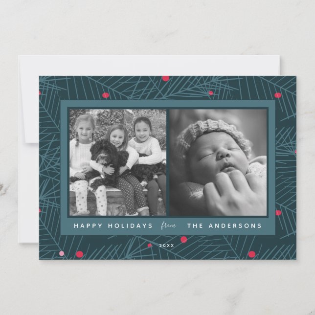 Custom 2-Photo Modern Spruce Holiday Card (Front)