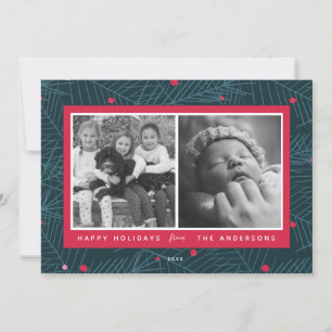 Custom 2-Photo Modern Spruce Holiday Red Card