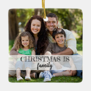 Custom 2-Photo Modern Typography Family Christmas Ceramic Ornament