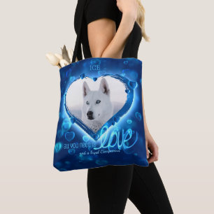 Custom 2 Photo, Pet Love Tribute Blue Neon Heart - Tote Bag