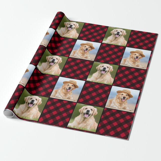 Custom 2 Photo Red Buffalo Plaid Christmas Holiday Wrapping Paper (Unrolled)