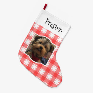 Custom 2 Photo Red & White Country Farmhouse Plaid Large Christmas Stocking