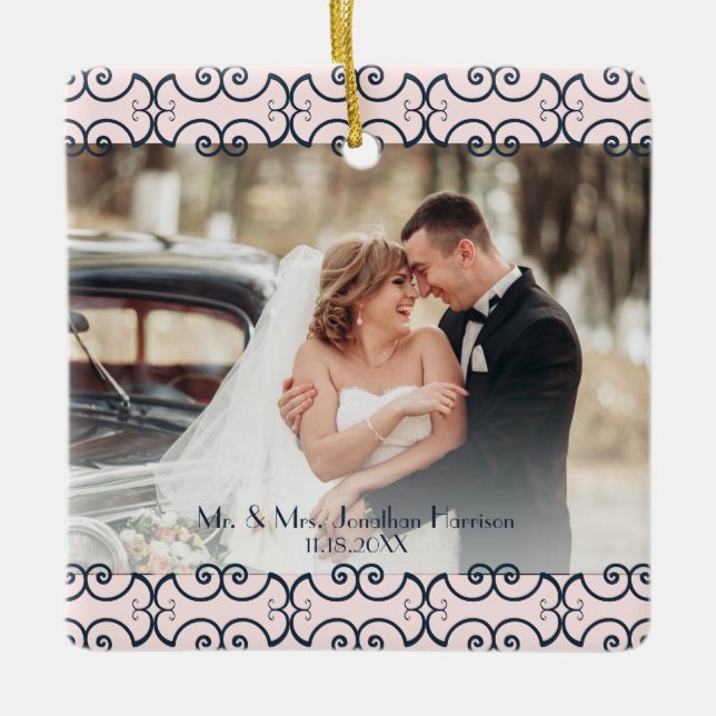 Custom 2 Photo Rose Gold Navy Elegant Wedding Ceramic Ornament (Front)