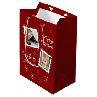 Custom 2 Photos Christmas Design on Red Medium Gift Bag