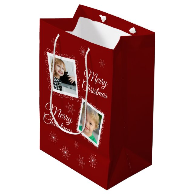 Custom 2 Photos Christmas Design on Red  Medium Gift Bag (Front Angled)