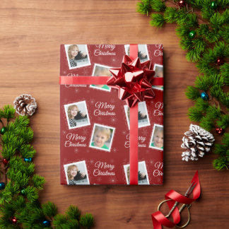 Custom 2 Photos Christmas Design on Red Wrapping Paper