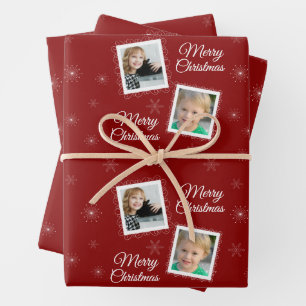 Custom 2 Photos Christmas Design on Red Wrapping Paper Sheet