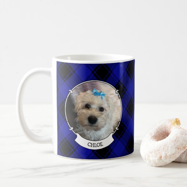 Custom 2 Photos Frame Classic Blue & Black Plaid Coffee Mug (With Donut)