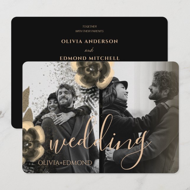 Custom 2 Photos Golden Flowers Frame Wedding Invitation (Front/Back)