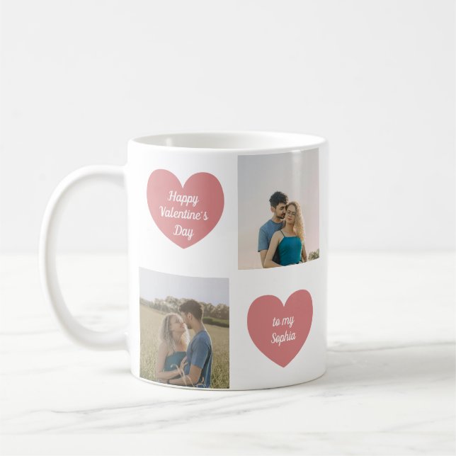 Custom 2 Photos, Hearts Graphic, Valentine's Day Coffee Mug (Left)