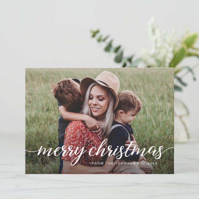 Custom 2 Photos Merry Christmas Family Modern Chic Holiday Card (Standing Front)