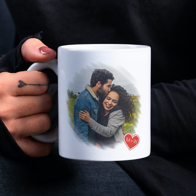 Custom 2 Photos Name Monogram And Red Love Hearts Coffee Mug (Creator Uploaded)
