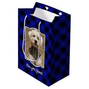 Custom 2 Photos Personalised Blue & Black Plaid Medium Gift Bag