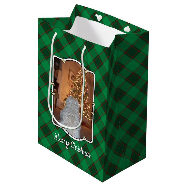 Custom 2 Photos Pet Christmas Red & Green Plaid Medium Gift Bag (Front Angled)