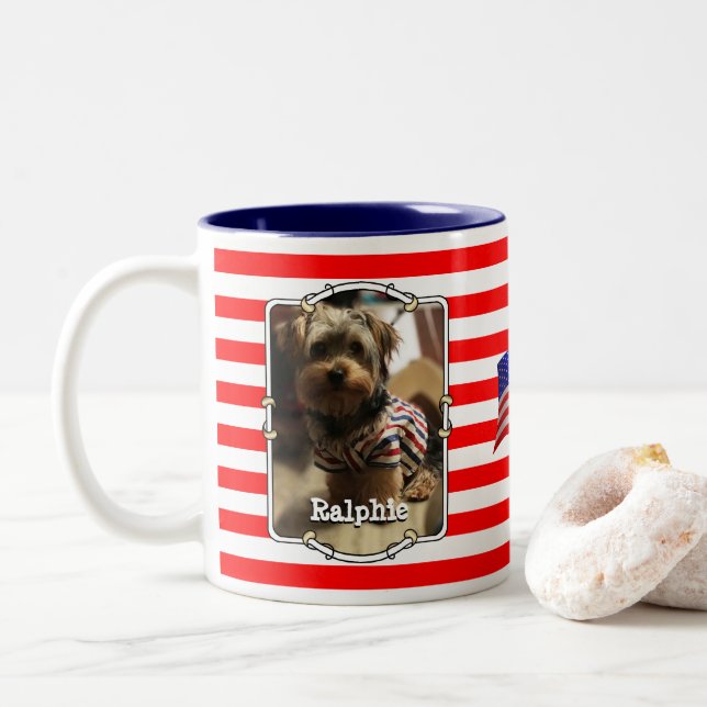 Custom 2 Photos USA American Flag Patriotic Cute Two-Tone Coffee Mug (With Donut)