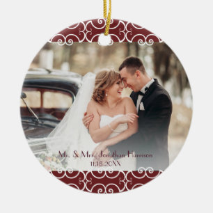 Custom 2 Sided Burgundy Elegant 2 Photo Wedding Ceramic Tree Decoration