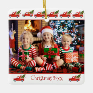 Custom 2-Sided Children Photo Red Truck Christmas Ceramic Ornament